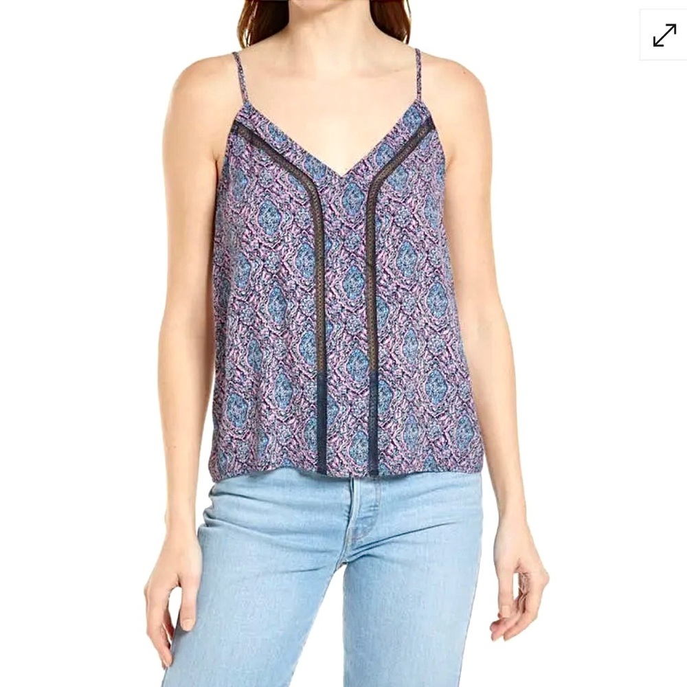 Treasure & Bond Dainty Crochet Lace Insert Pink & Blue Printed Cami Size Small